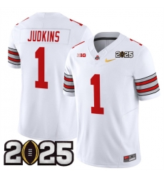 Men's Ohio State Buckeyes #1 Quinshon Judkins White Gold 2025 CFP Final Patch F.U.S.E. Vapor Limited Stitched Football Jersey