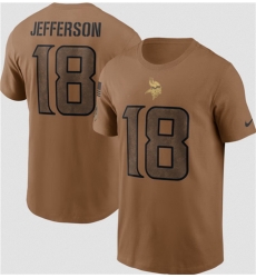 Men Minnesota Vikings 18 Justin Jefferson 2023 Brown Salute To Service Name Number T Shirt