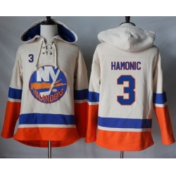 Islanders #3 Travis Hamonic Cream Sawyer Hooded Sweatshirt Stitched NHL Jersey