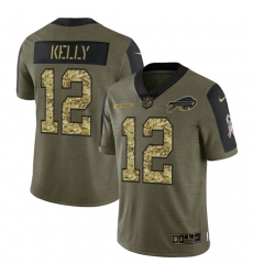 Men Buffalo Bills 12 Jim Kelly 2021 Salute To Service Olive Camo Limited Stitched Jersey