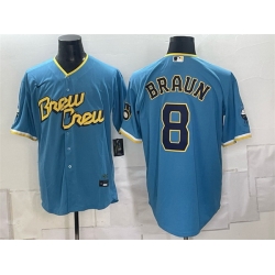 Men Milwaukee Brewers  8 Ryan Braun Powder Blue City Connect Cool Base Stitched Jersey