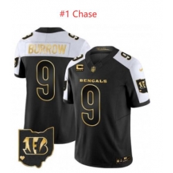 Men Cincinnati Bengals 1 Ja'Marr Chase Black 2023 F U S E With 4 Star C Patch Gold Vapor Untouchable Limited Stitched Jersey