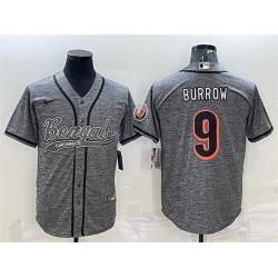 Men Cincinnati Bengals 9 Joe Burrow Grey With Patch Cool Base Stitched Baseball Jersey