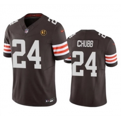 Men Cleveland Browns 24 Nick Chubb Brown 2023 F U S E  With John Madden Patch Vapor Limited Stitched Football Jersey