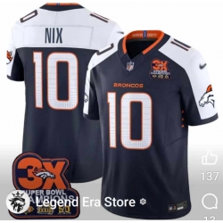 Men Denver Broncos 10 Bo Nix Navy 3X Super Bowl Champions Patch 2024 F U S E Limited Stitched Football Jersey