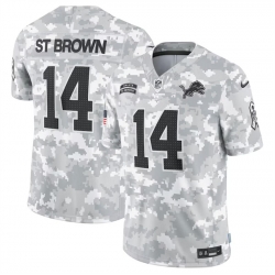 Men Detroit Lions 14 Amon Ra St  Brown 2024 Arctic Camo Salute To Service Limited Stitched Football Jersey