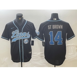 Men Detroit Lions 14 Amon Ra St  Brown Black Cool Base Stitched Baseball Jersey 1