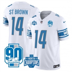 Men Detroit Lions 14 Amon Ra St  Brown White 2023 F U S E  90th Anniversary NFC North Division Champions Vapor Untouchable Limited Stitched Jersey