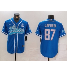 Men Detroit Lions 87 Sam LaPorta Blue With 90th Anniversary Patch Cool Base Stitched Baseball Jersey