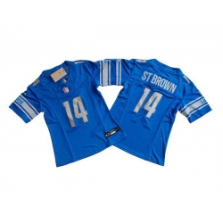 Women Detroit Lions 14 Amon Ra St  Brown Blue 2023 F U S E  Vapor Limited Stitched Football Jersey 