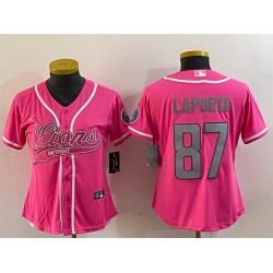 Women Detroit Lions 87 Sam LaPorta Pink With Patch Cool Base Stitched Baseball Jersey 