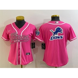 Women Detroit Lions Pink Team Big Logo With Patch Cool Base Stitched Baseball Jersey