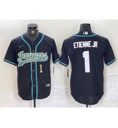 Men Jacksonville Jaguars 1 Travis Etienne Jr  Black With Patch Cool Base Stitched Baseball Jersey 2