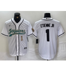 Men Jacksonville Jaguars 1 Travis Etienne Jr  White With Patch Cool Base Stitched Baseball Jersey 2