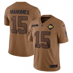 Men   Kansas City Chiefs 15 Patrick Mahomes 2023 Brown Salute To Service Limited Stitched Jersey