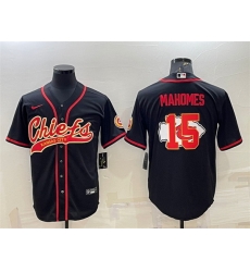 Men Kansas City Chiefs 15 Patrick Mahomes Black Team Big Logo With Patch Cool Base Stitched Baseball Jersey