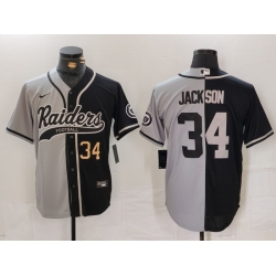 Men Las Vegas Raiders 34 Bo Jackson Grey Black Split Cool Base Stitched Baseball Jersey 1