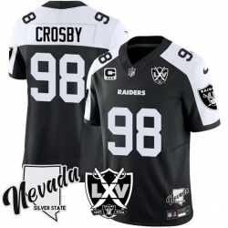 Men Las Vegas Raiders 98 Maxx Crosby Black White 2024 F U S E With Nevada Silver Stat Patch And 65th Anniversary Patch 3 Star C Patch Stitched Football Jer