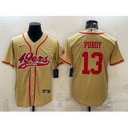 Men San Francisco 49ers 13 Brock Purdy Gold With Patch Cool Base Stitched Baseball Jersey