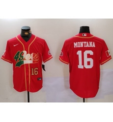 Men San Francisco 49ers 16 Joe Montana Red With Patch Cool Base Stitched Baseball Jersey 2