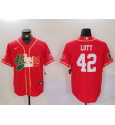 Men San Francisco 49ers 42 Ronnie Lott Red With Patch Cool Base Stitched Baseball Jersey 1