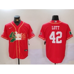 Men San Francisco 49ers 42 Ronnie Lott Red With Patch Cool Base Stitched Baseball Jersey 1