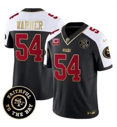 Men San Francisco 49ers 54 Fred Warner White Balck 2023 F U S E  With 3 Star C Patch And Faithful To The Bay Patch Stitched Football Jersey