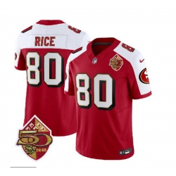 Men San Francisco 49ers 80 Jerry Rice Red White 2023 F U S E  50th Patch Throwback Stitched Football Jersey