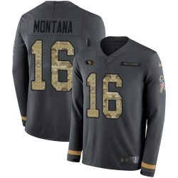 Nike 49ers 16 Joe Montana Anthracite Salute to Service Men s Stitched NFL Limited Therma Long Sleeve Jersey