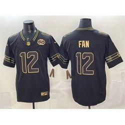 Men Seattle Seahawks 12 Fan Black Gold 2025 F U S E  50th Season Patch Limited Stitched Football Jersey