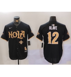 Men New Orleans Saints 12 Chris Olave Black Cool Base Stitched Baseball Jersey 1