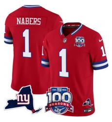 Men New York Giants 1 Malik Nabers Red 2024 F U S E 100th Season And State Patch Vapor Limited Stitched Football Jersey