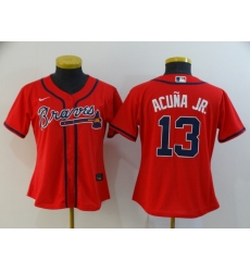 Women Braves 13 Ronald Acuna Jr  Red Women 2020 Nike Cool Base Jersey