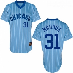 Mens Majestic Chicago Cubs 31 Greg Maddux Authentic BlueWhite Strip Cooperstown Throwback MLB Jersey