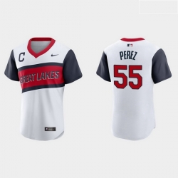 Men Cleveland Indians 55 Roberto Perez Men Nike White 2021 Little League Class Authentic MLB Jersey