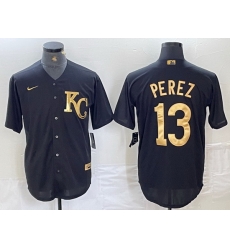 Men Kansas City Royals 13 Salvador Perez Black Gold Cool Base Stitched Jersey