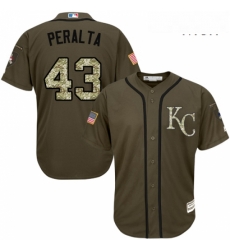 Mens Majestic Kansas City Royals 43 Wily Peralta Replica Green Salute to Service MLB Jersey 