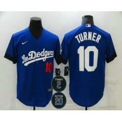 Men Los Angeles Dodgers 10 Justin Turner Blue 2 20 Patch City Connect Number Cool Base Stitched Jersey