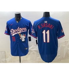 Men Los Angeles Dodgers  11 Roki Sasaki Royal Hello Kitty Night 2025 World Series Champions Patch Stitched Baseball Jersey