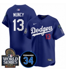 Men Los Angeles Dodgers 13 Max Muncy Royal 2024 World Series With Fernando Memorial Patch Alternate Limited Stitched Baseball Jersey