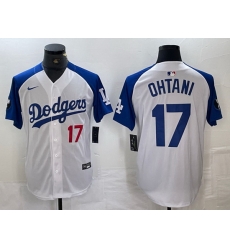 Men Los Angeles Dodgers 17 Shohei Ohtani White Blue Vin Patch Cool Base Stitched Baseball Jersey 5