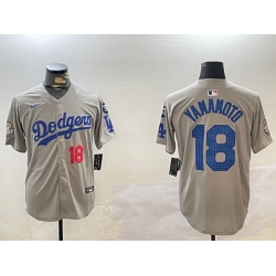 Men Los Angeles Dodgers 18 Yoshinobu Yamamoto Grey 2024 World Series With Fernando Memorial Patch Limited Stitched Baseball Jersey