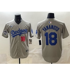 Men Los Angeles Dodgers 18  Yoshinobu Yamamoto Grey 2025 World Series Champions Patch Limited Stitched Baseball Jersey