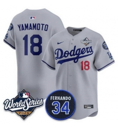 Men Los Angeles Dodgers 18 Yoshinobu Yamamoto Grey 2025 World Series With No 34 Patch Limited Stitched Baseball Jersey Men Los Angeles Dodgers 18 Yoshinobu Yamamoto Grey 2025 World Series With No 34 Patch Limited Stitched Baseball Jersey