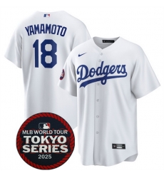 Men Los Angeles Dodgers 18  Yoshinobu Yamamoto White 2025 World Tour Tokyo Series Home Stitched Baseball Jersey