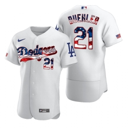 Men Los Angeles Dodgers 21 Walker Buehler Men Nike White Fluttering USA Flag Limited Edition Flex Base MLB Jersey