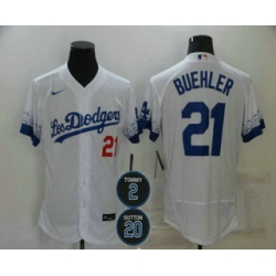 Men Los Angeles Dodgers 21 Walker Buehler White 2 20 Patch City Connect Flex Base Stitched Jersey