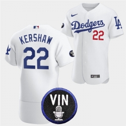 Men Los Angeles Dodgers 22 Clayton Kershaw 2022 White Vin Scully Patch Flex Base Stitched Baseball Jersey