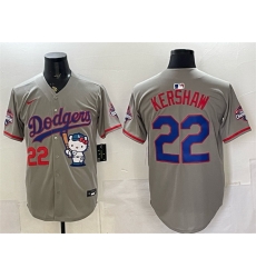 Men Los Angeles Dodgers  22 Clayton Kershaw Grey Hello Kitty Night 2025 World Series Champions Patch Stitched Baseball Jersey