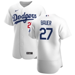 Men Los Angeles Dodgers 27 Trevor Bauer White Home Flex Base Jersey Stitched 2021 MLB Jersey